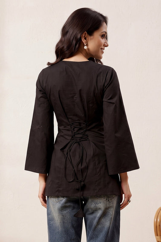 Solid Corset Back Cotton Kurti (Black)