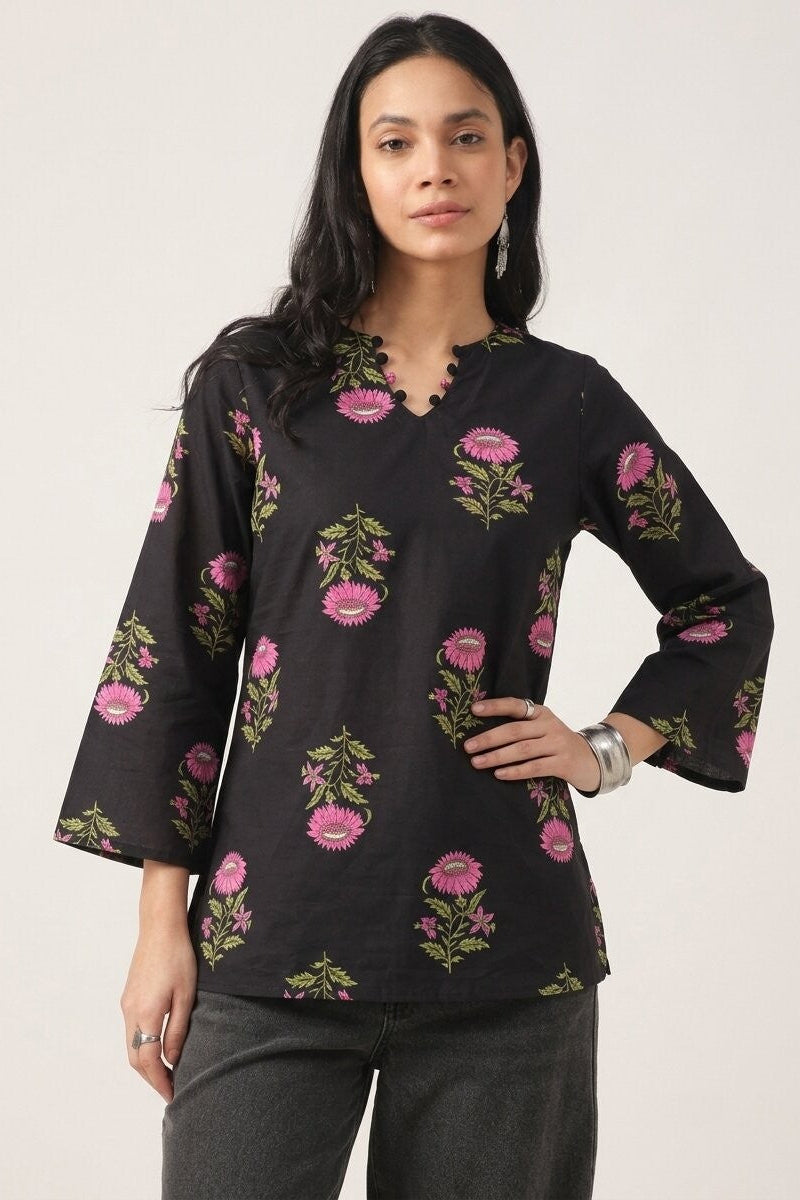 Floral Printed Corset Back Cotton Kurti (Black)