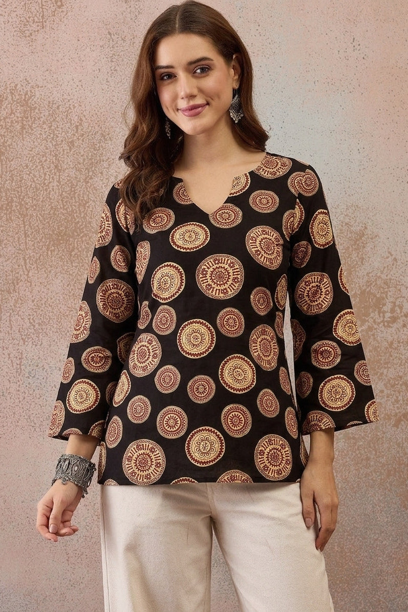 Motif Printed Corset Back Cotton Kurti (Black)