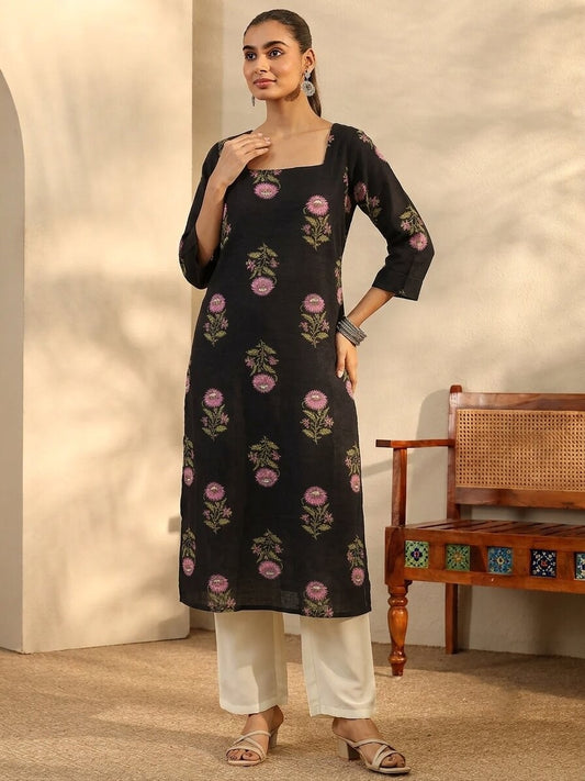 Floral Printed Straight Cotton Kurta (Black)