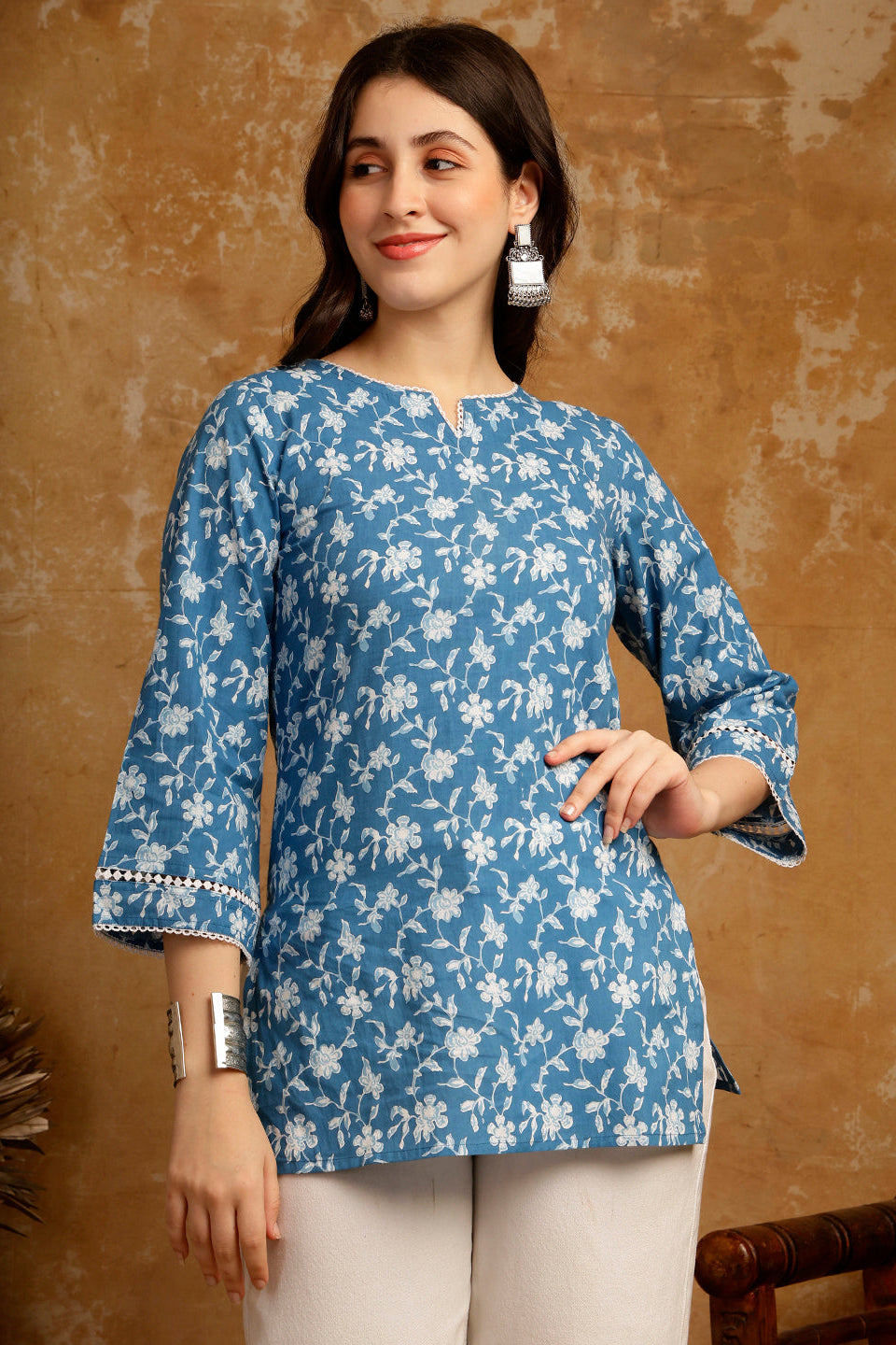 Floral Printed Cotton Kurti (Sky Blue)