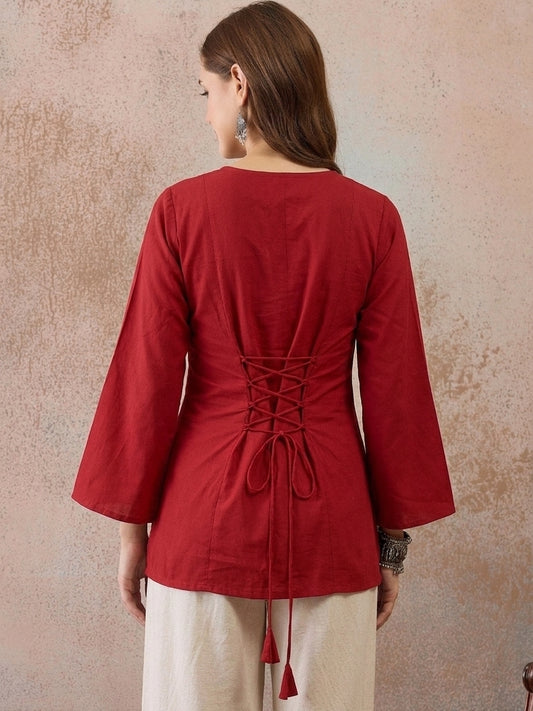 Solid Corset Back Cotton Kurti (Maroon)