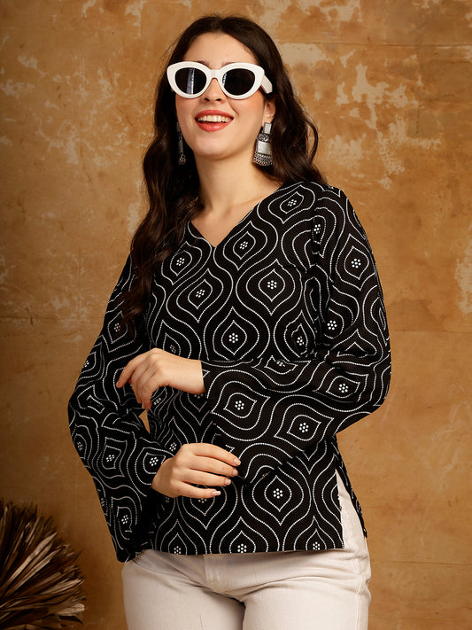 Printed Bell Sleeves Cotton Kurti (Black)