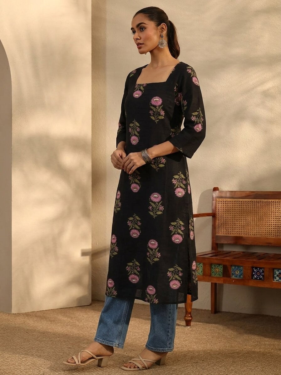 Floral Printed Straight Cotton Kurta (Black)