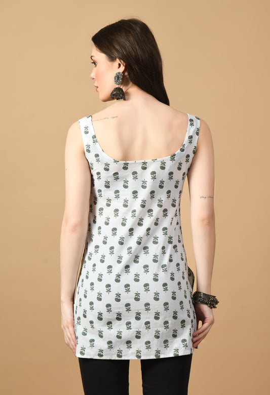 Vriksha – White Ethnic Tree Print Sleeveless Kurta - KSAMA