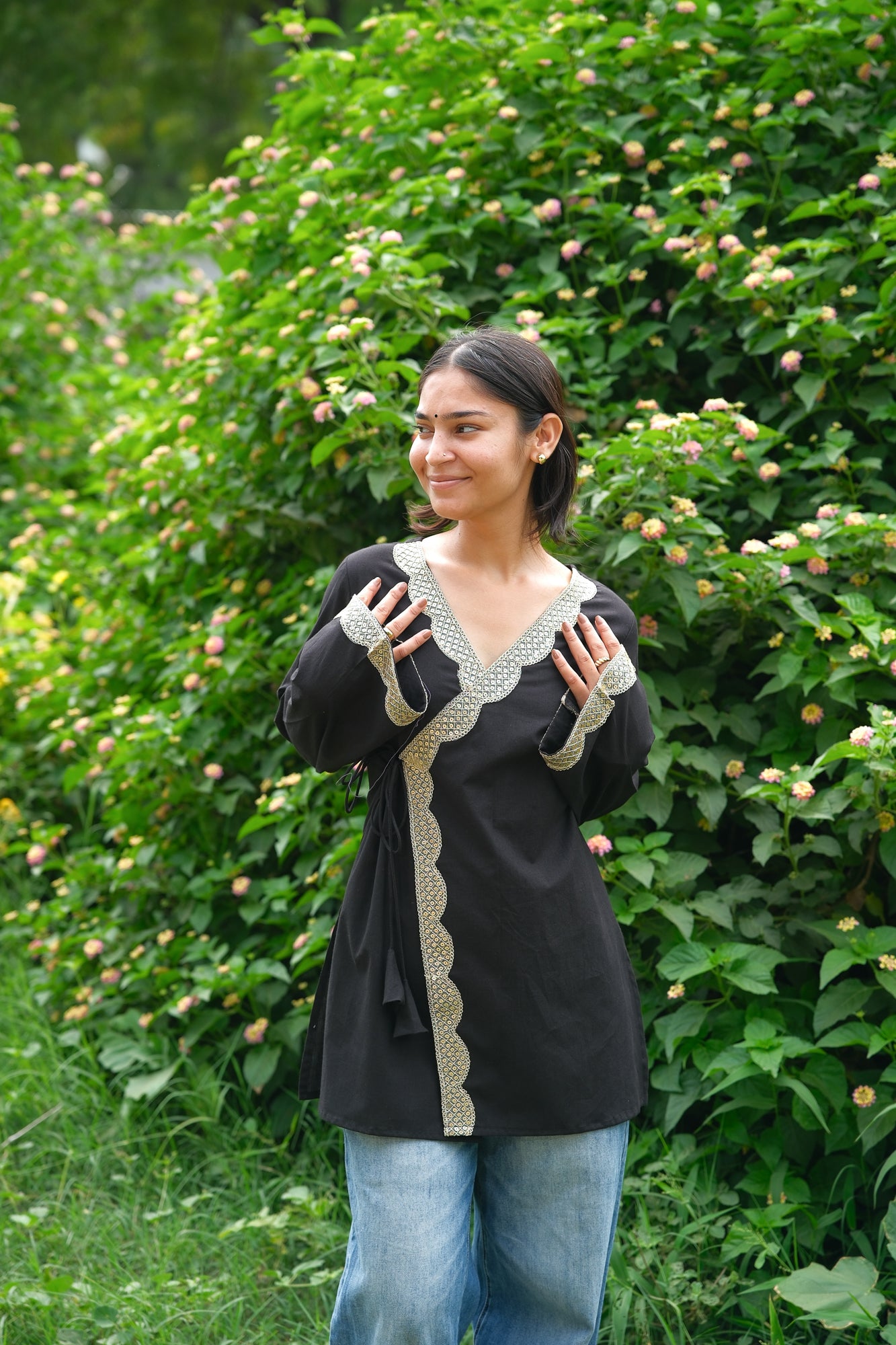 Solid Black Angrakha Cotton Kurti