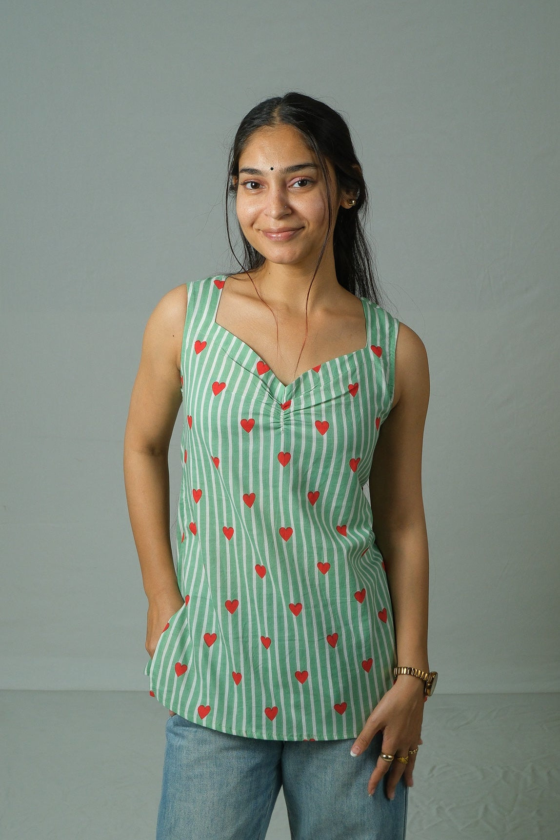Mila – Heart Print Cotton Top (Green)