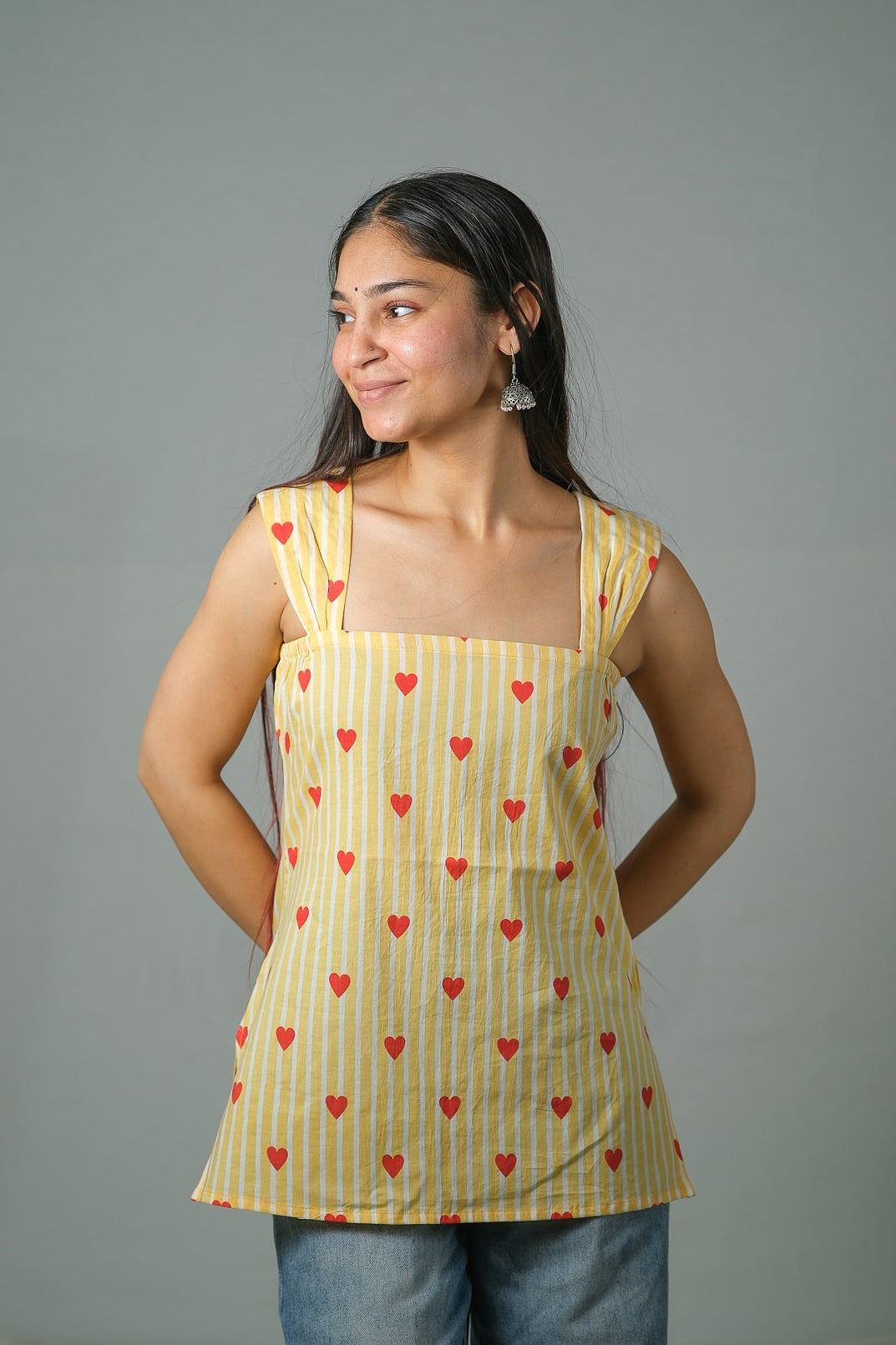 Zoe – Heart Print Cotton Top (Yellow)