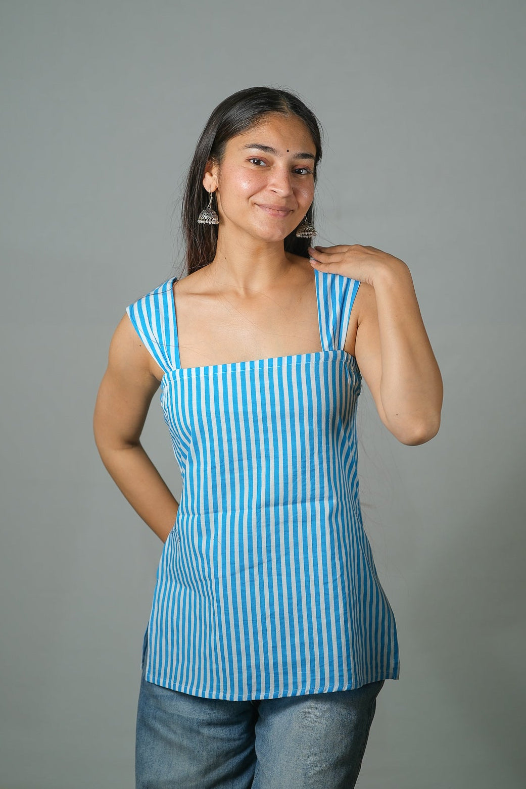 Ava – Striped Cotton Top (Sky Blue)
