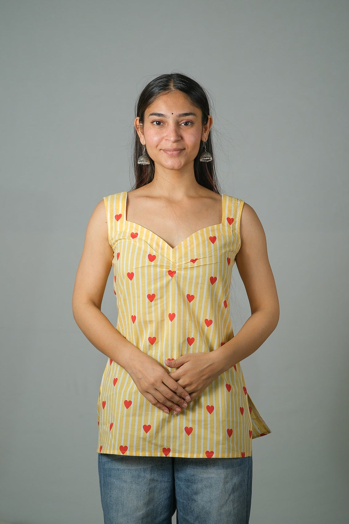 Hazel – Heart Print Cotton Top (Yellow)
