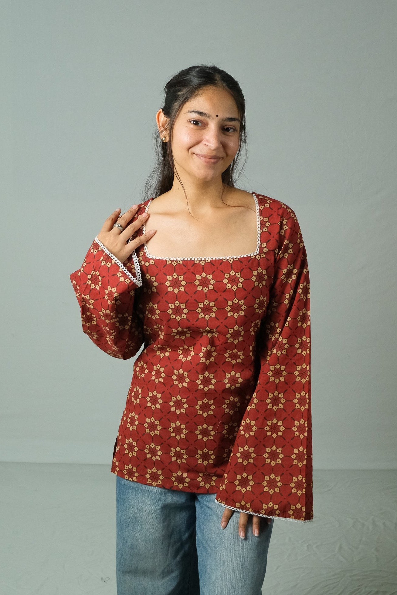 Rivya – Square Neck Kurti (Rust Red)