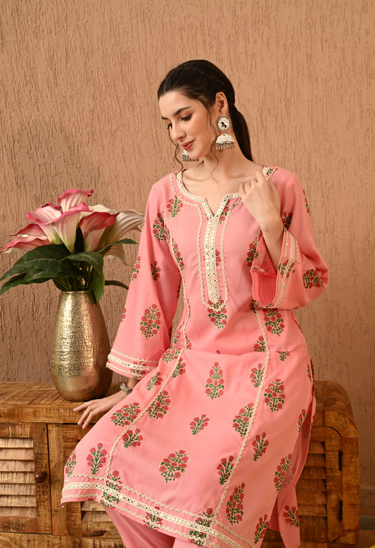 Zariah - Baby Pink Ethnic Motif Pakistani Kurta Pant Set with Mirror Lace