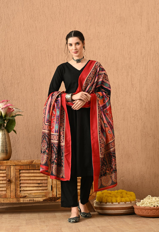 Azhera - Black Printed Anarkali Kurta Pant Set with Digital Print Dupatta