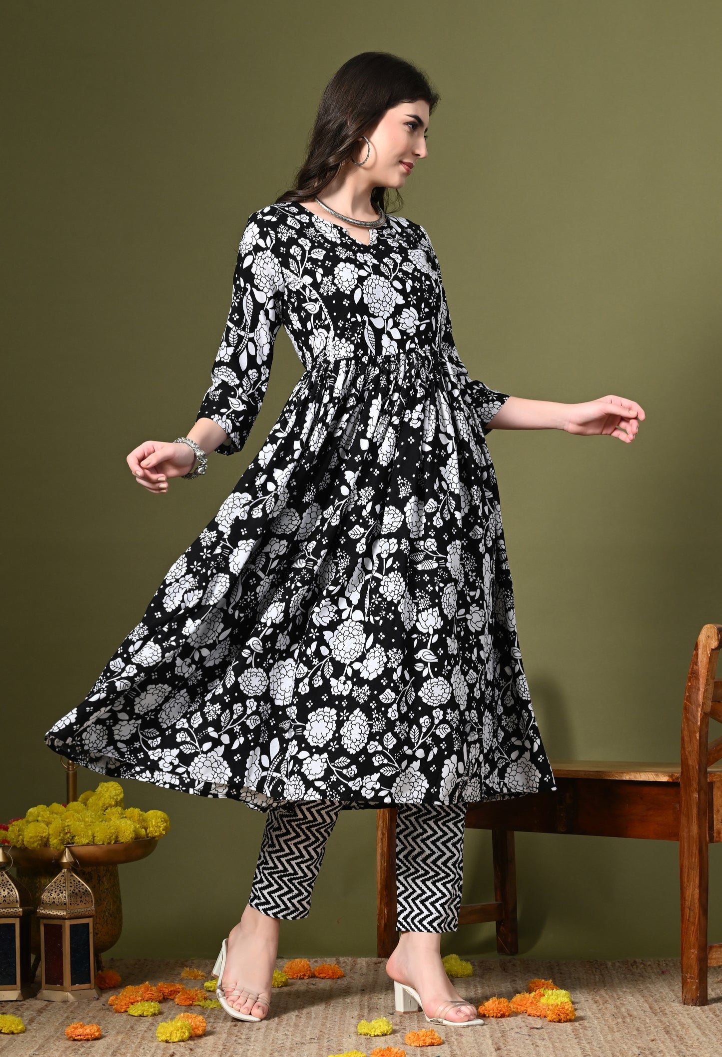 Black Floral Print Kurta Set with Dupatta