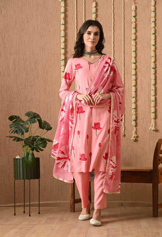 Gulvika - Pink Hand-Painted Kurta Pant Set with Tie-Dye Dupatta