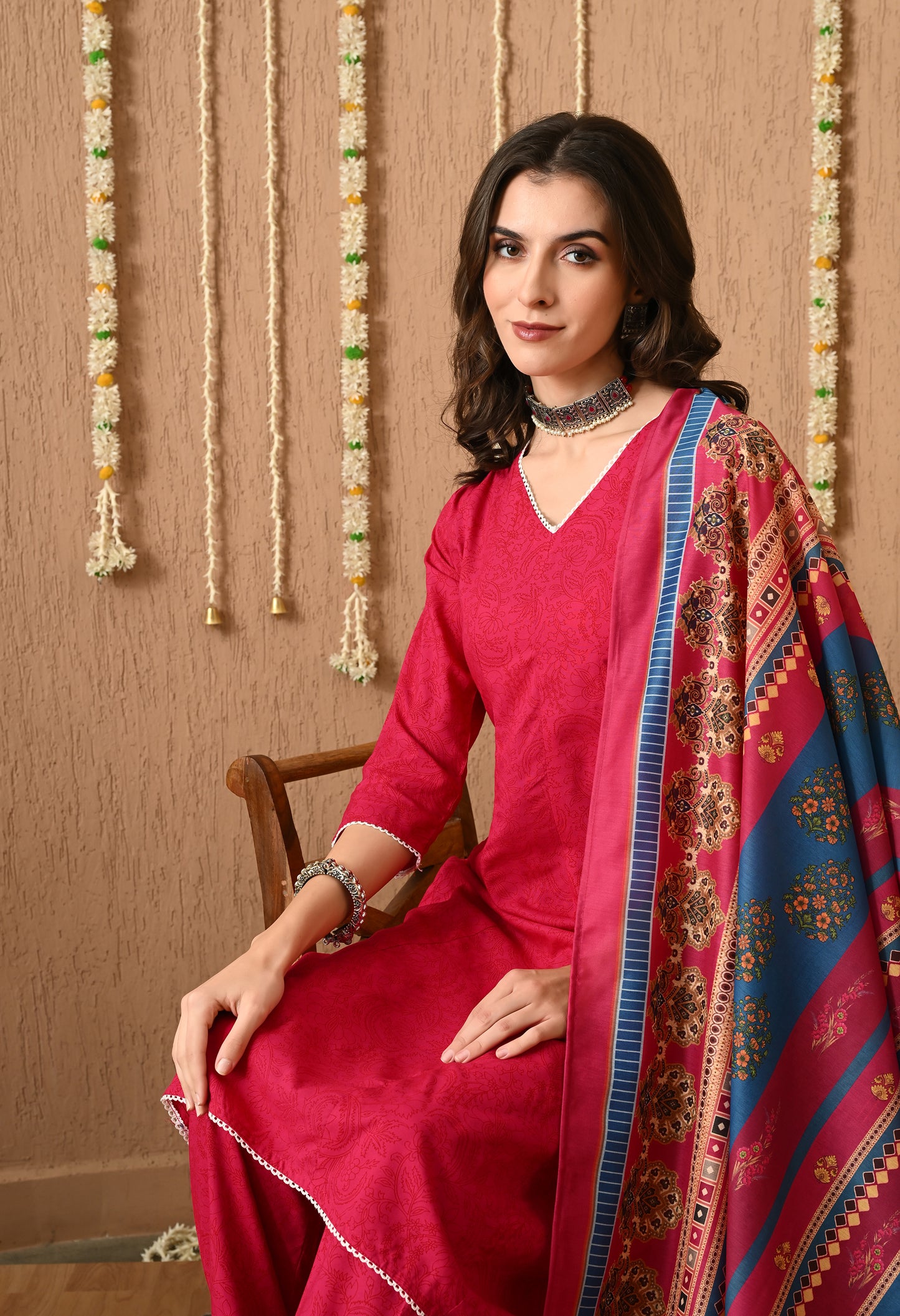 Gulzarika - Pink Floral Printed Anarkali Kurta Pant Set with Digital Print Dupatta