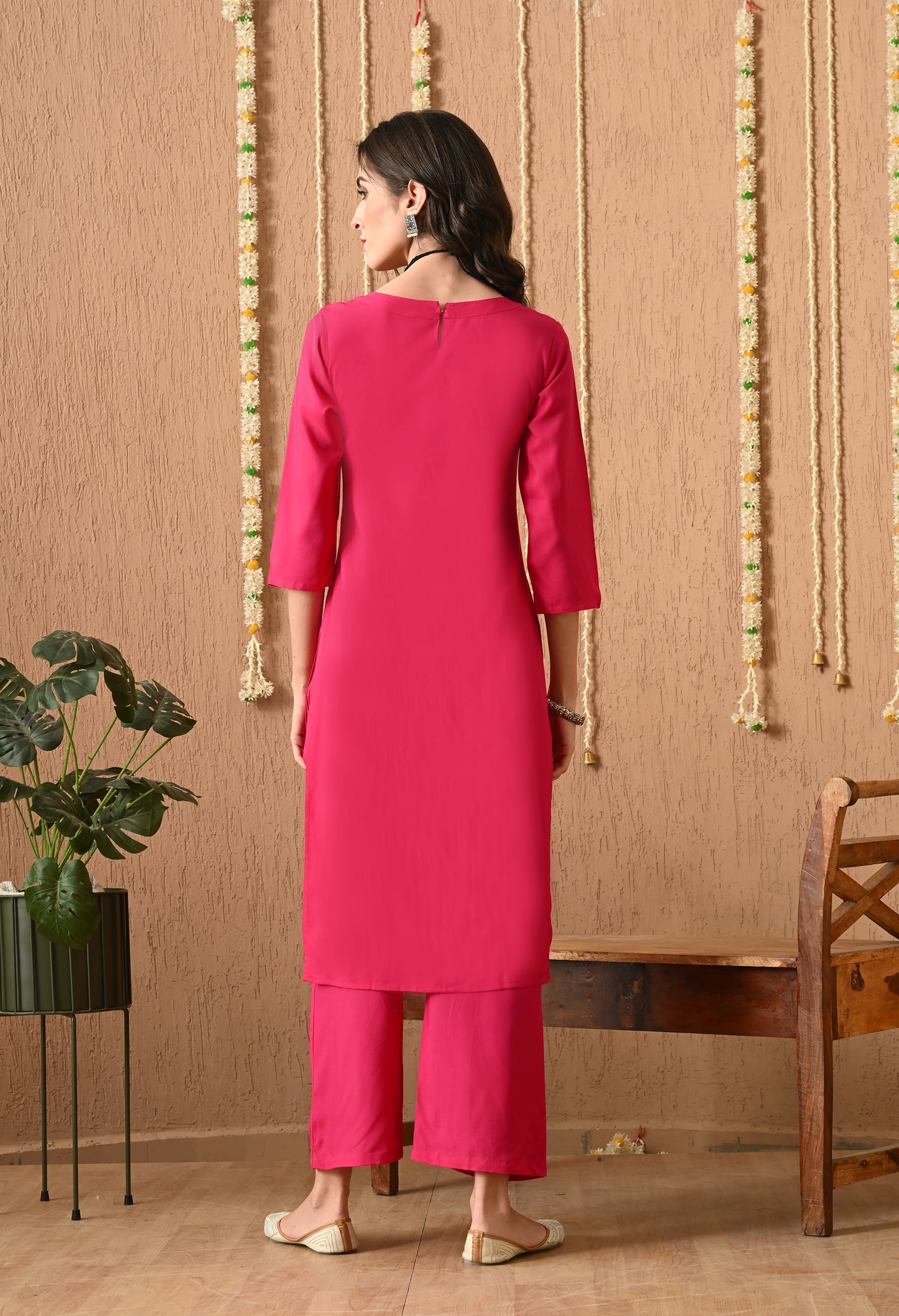 Trisha – Solid Pink Kurta Pant Set with Round Neckline & Straight Kurta