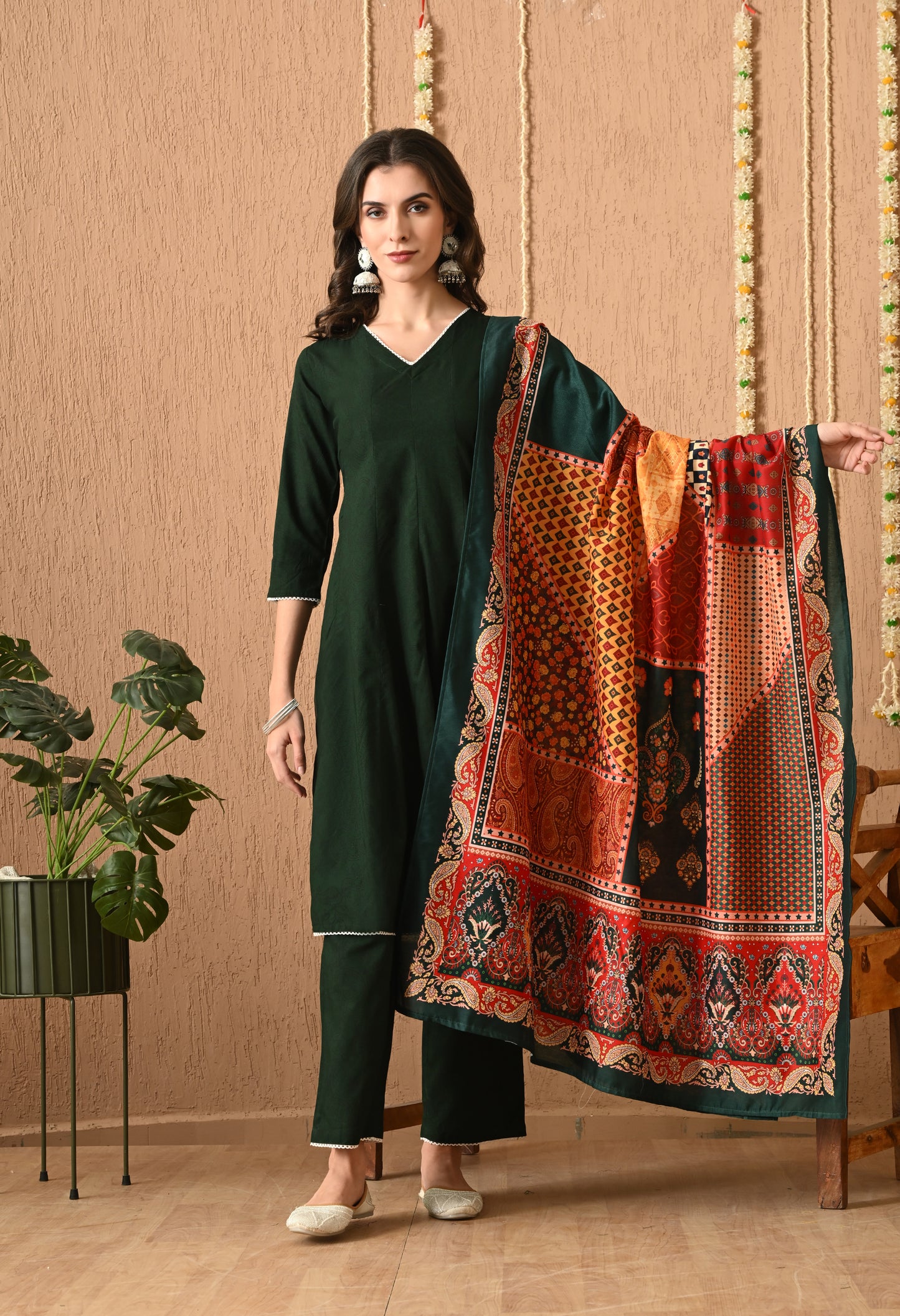 Vanalika - Bottle Green Floral Printed Anarkali Kurta Pant Set with Digital Print Dupatta