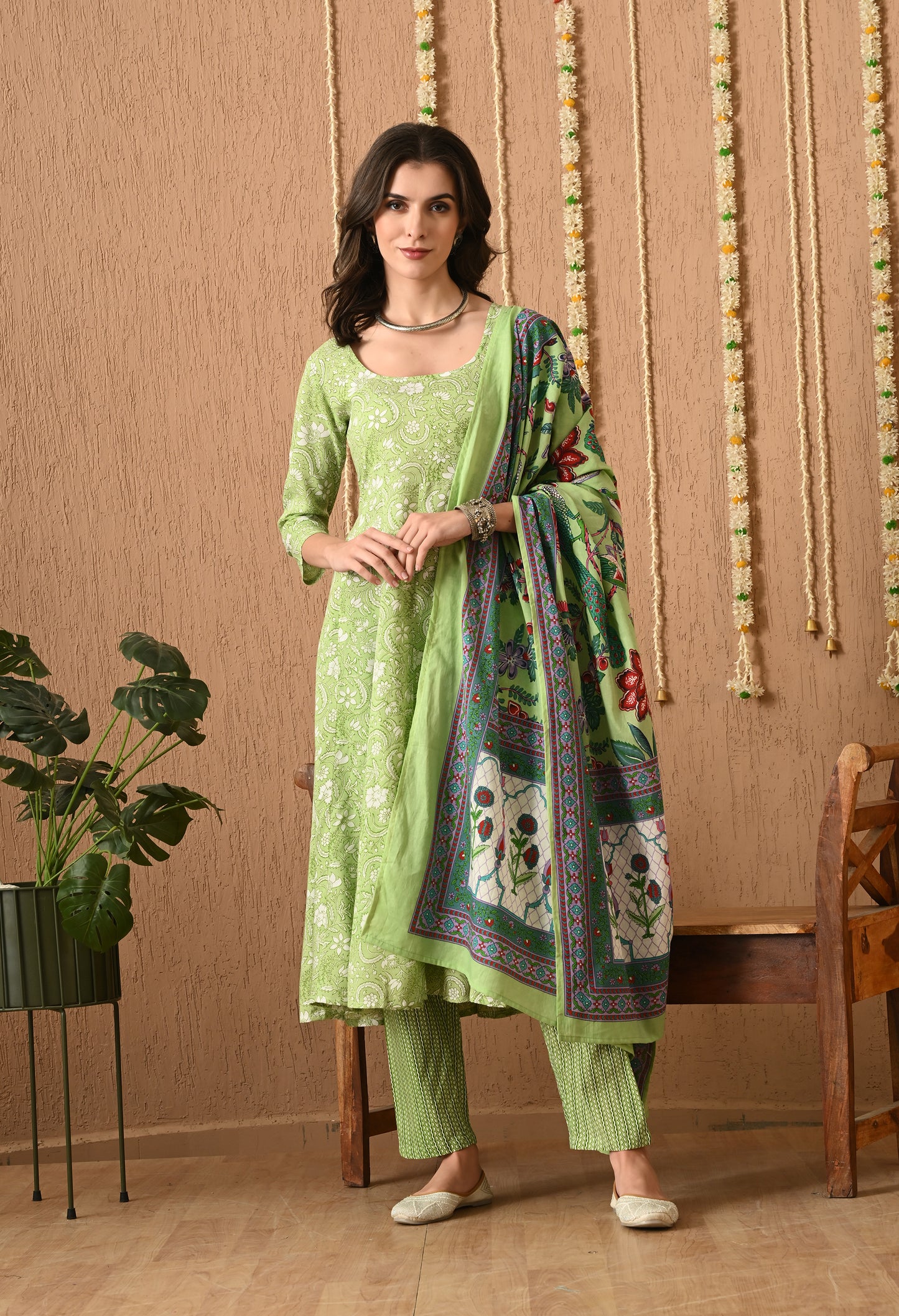 Varnika - Mehndi Green Floral Printed Anarkali Kurta Pant Set with Digital Print Dupatta