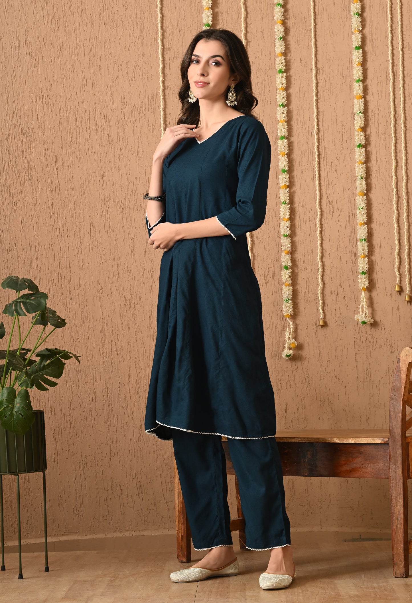 Neervasini – Teal Blue Floral Kali Kurta Pant Set