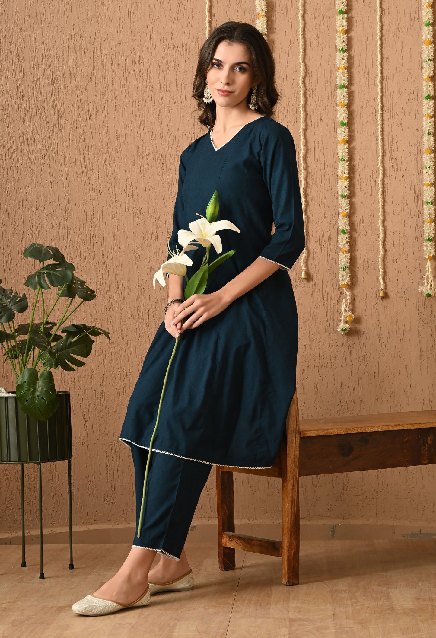 Neervasini – Teal Blue Floral Kali Kurta Pant Set