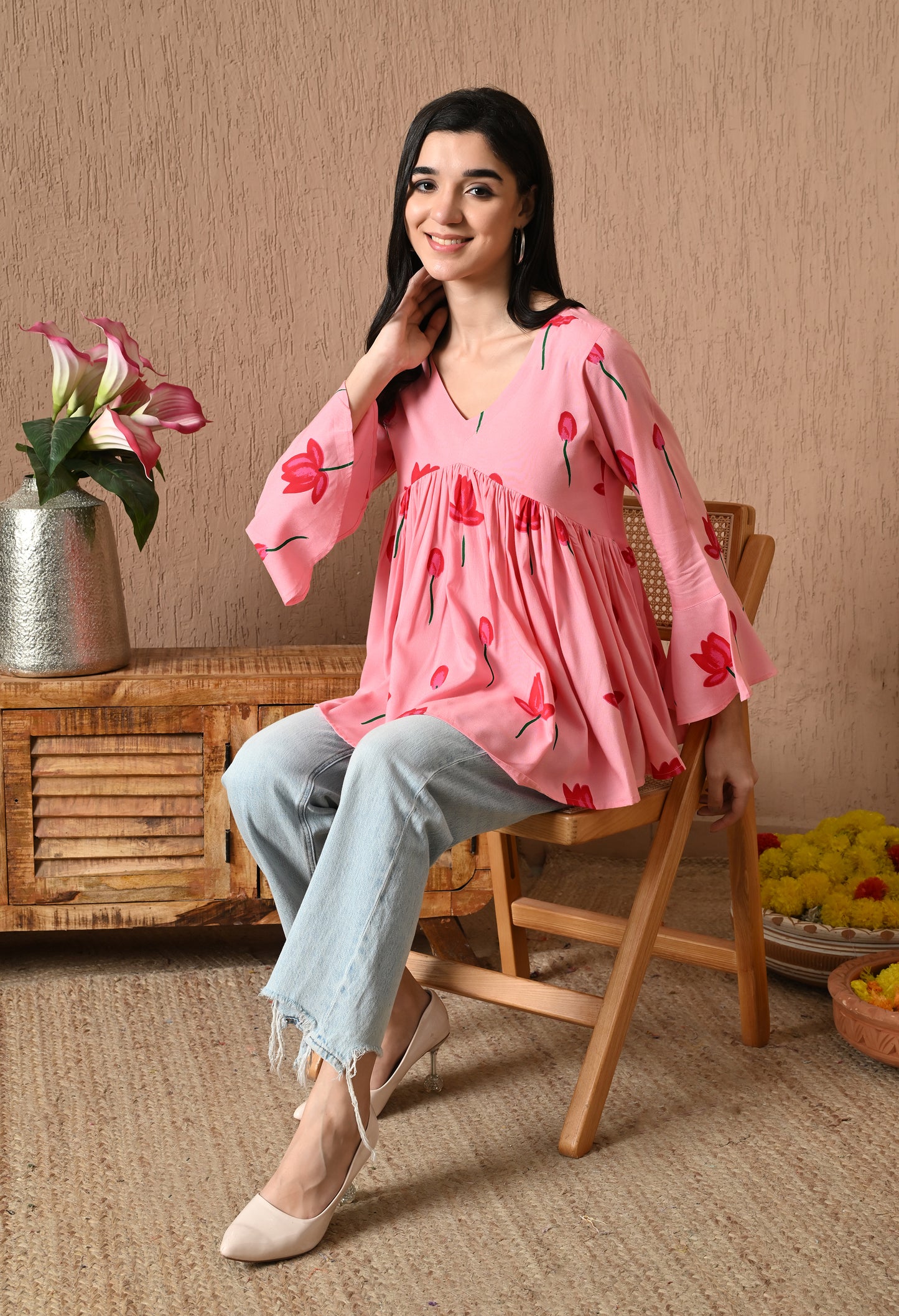 Iselda – Dusty Rose Cotton Peplum Top