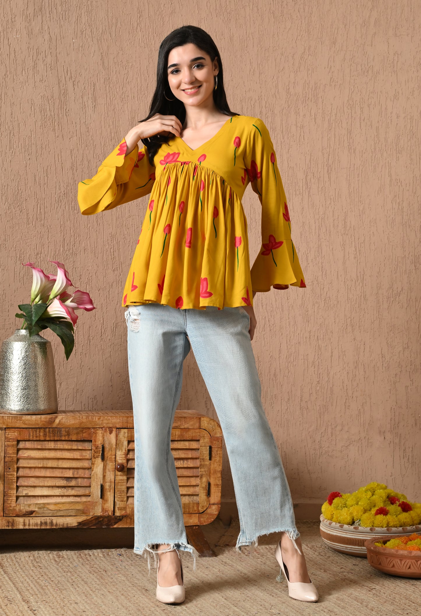Orielle – Mustard Yellow Cotton Peplum Top