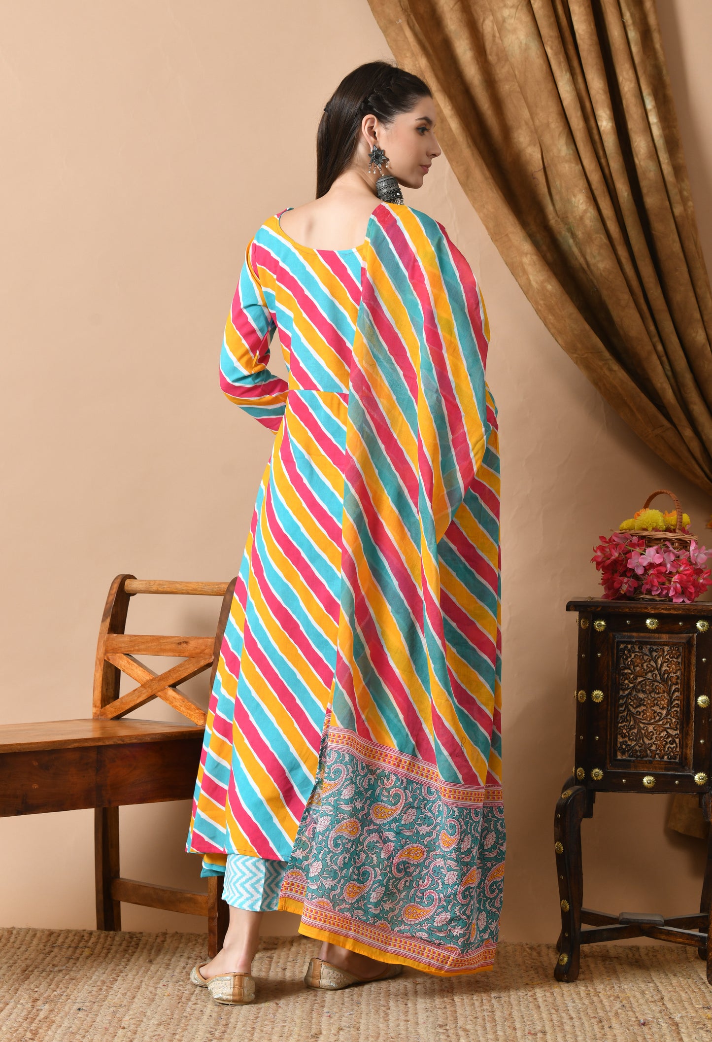 Multicolor Leheriya Print Kurta Set with Dupatta
