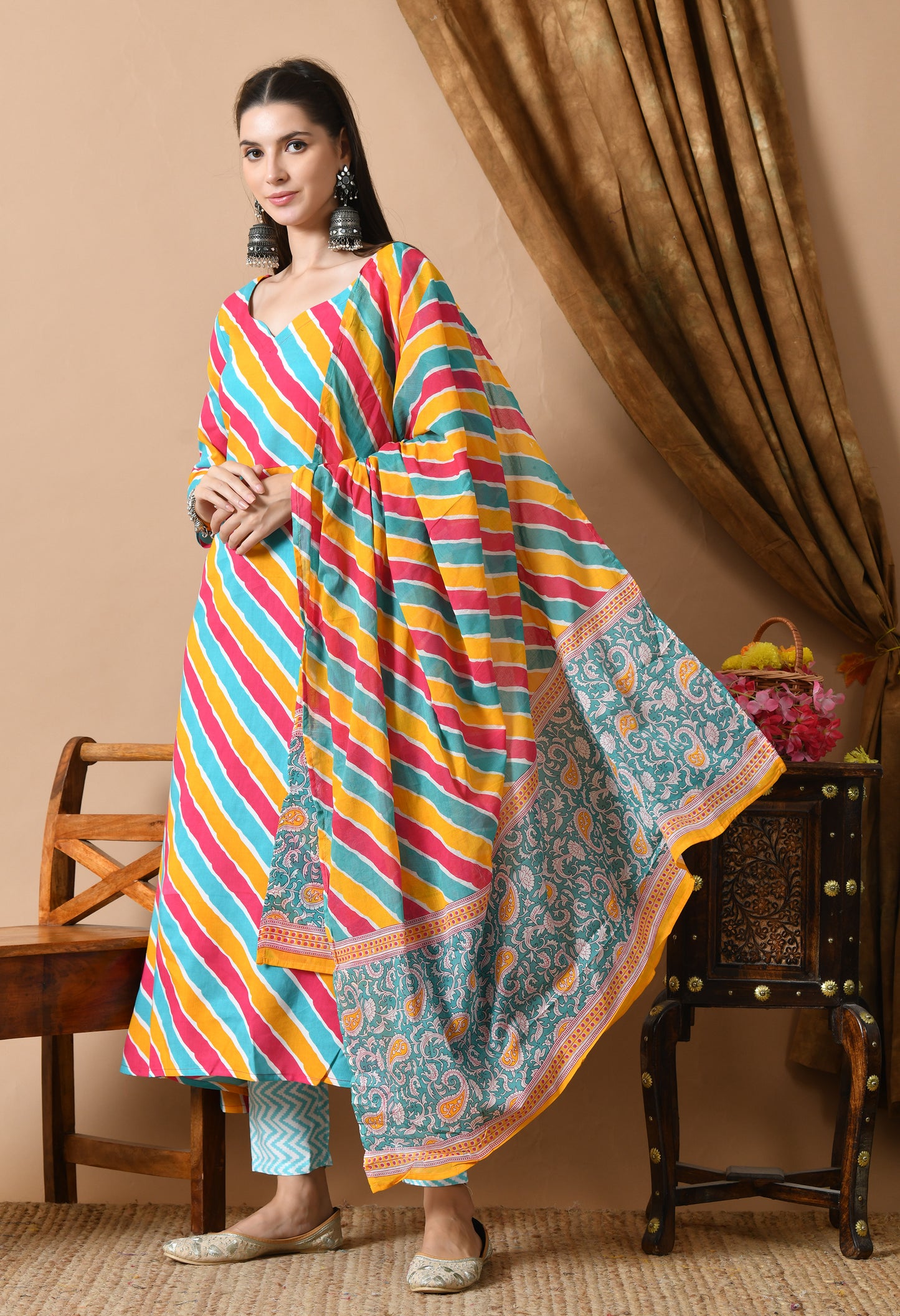 Multicolor Leheriya Print Kurta Set with Dupatta