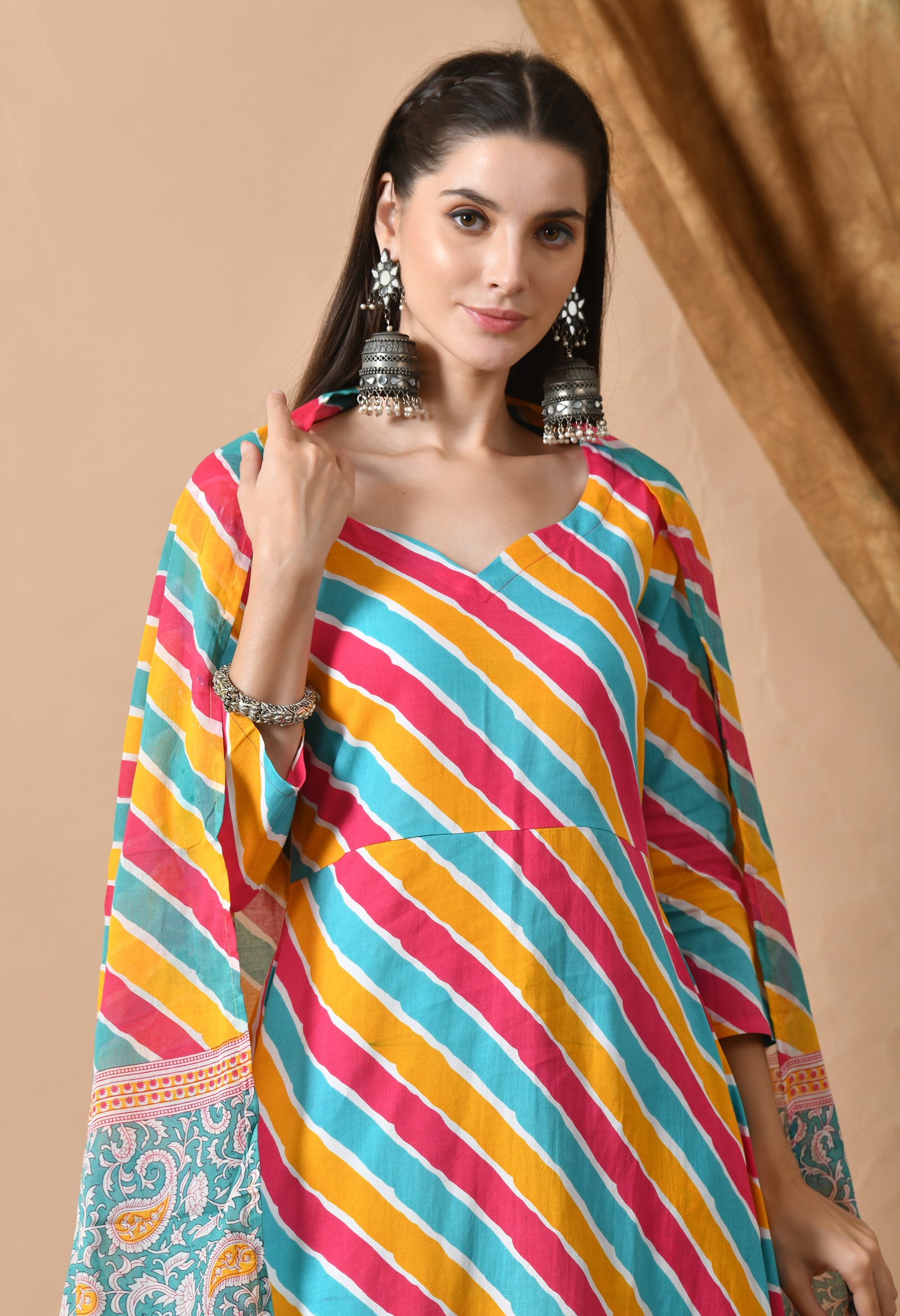 Multicolor Leheriya Print Kurta Set with Dupatta