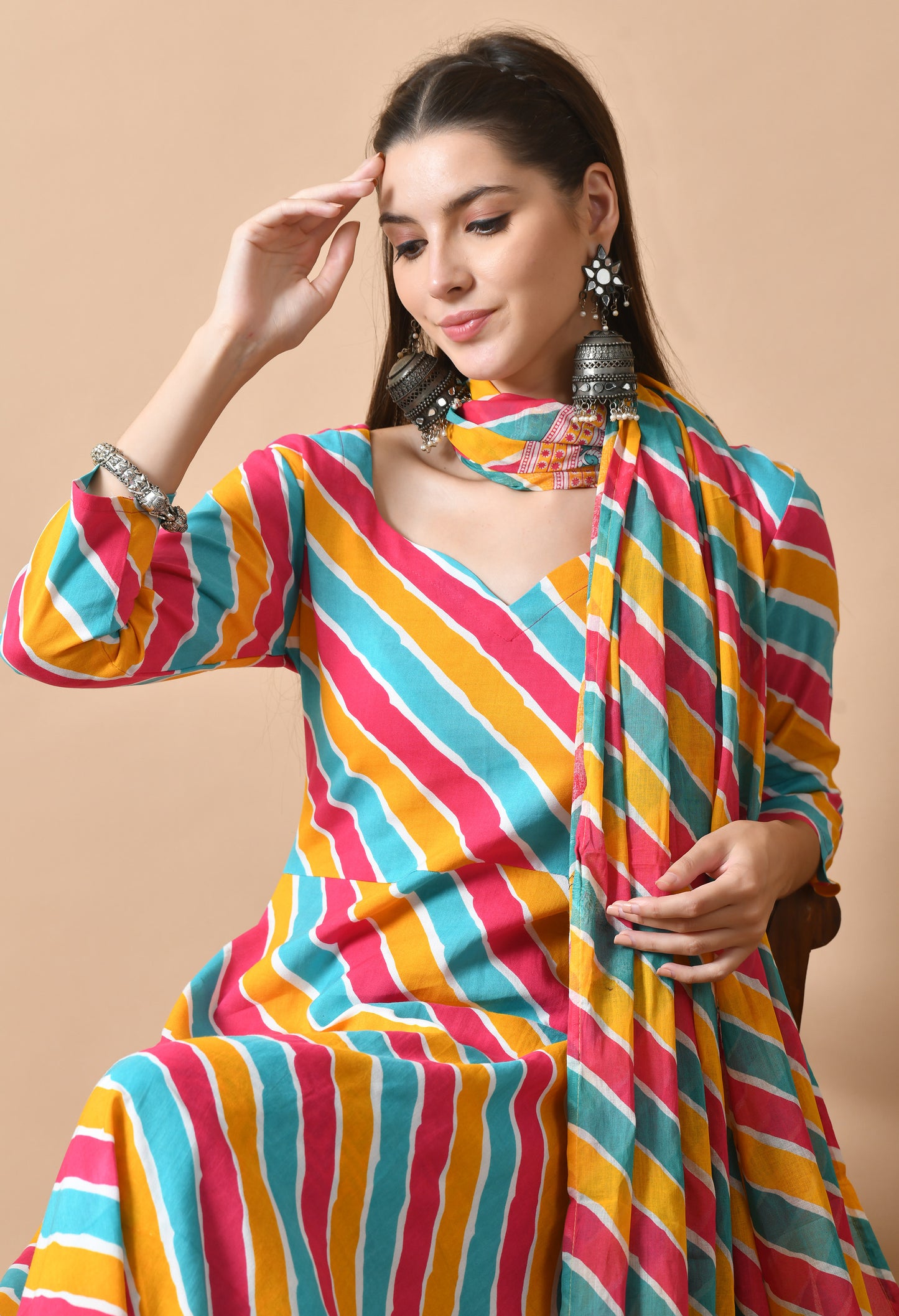 Multicolor Leheriya Print Kurta Set with Dupatta
