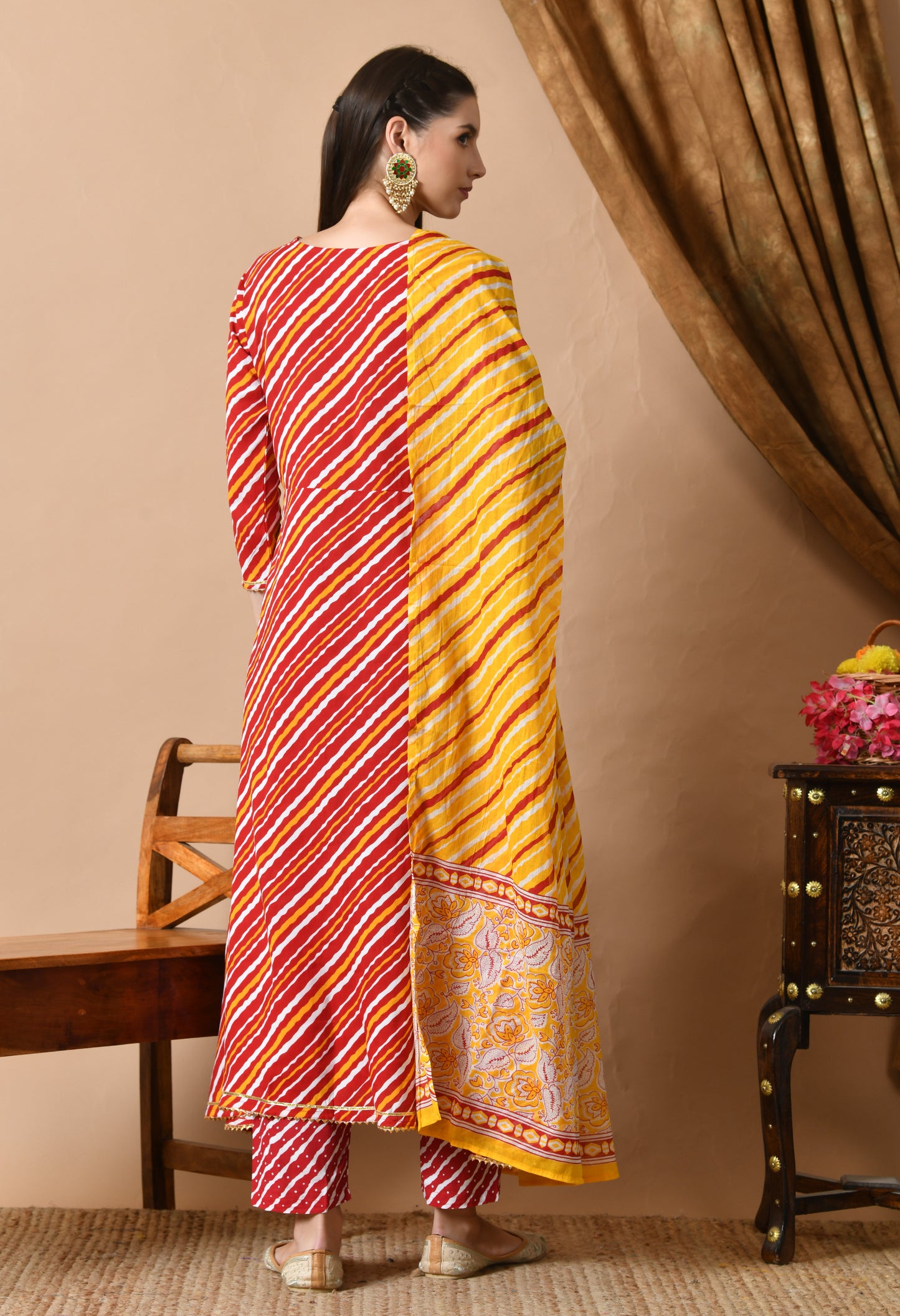 Red Yellow Leheriya Print Kurta Set with Dupatta