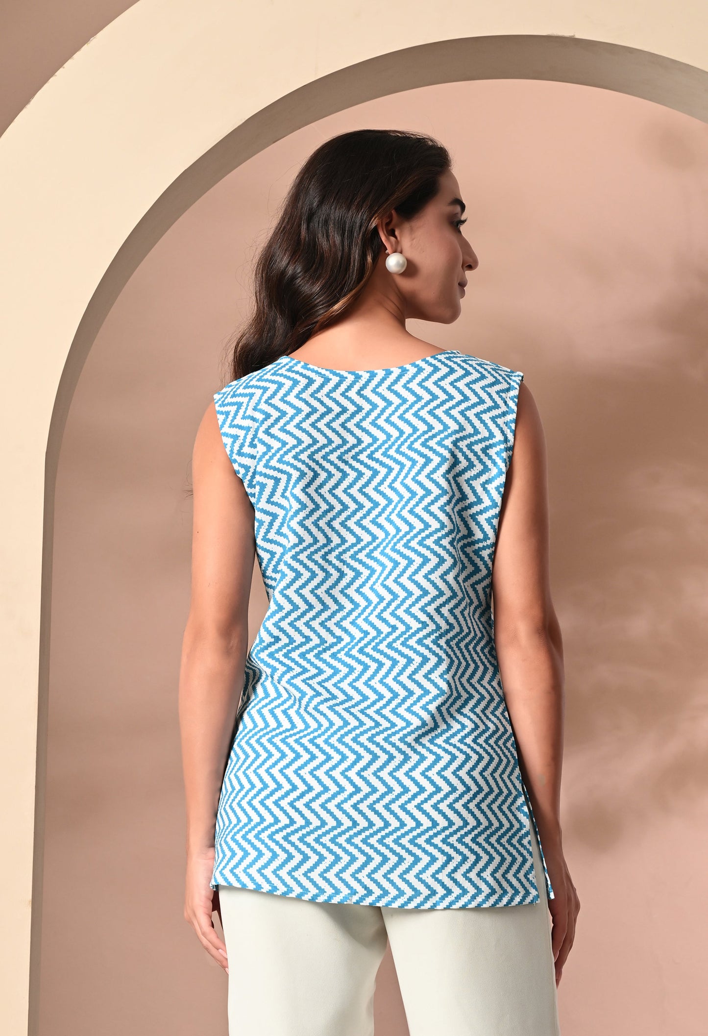 Zigzag Azure Stripes Blue V-Neck Sleeveless Top