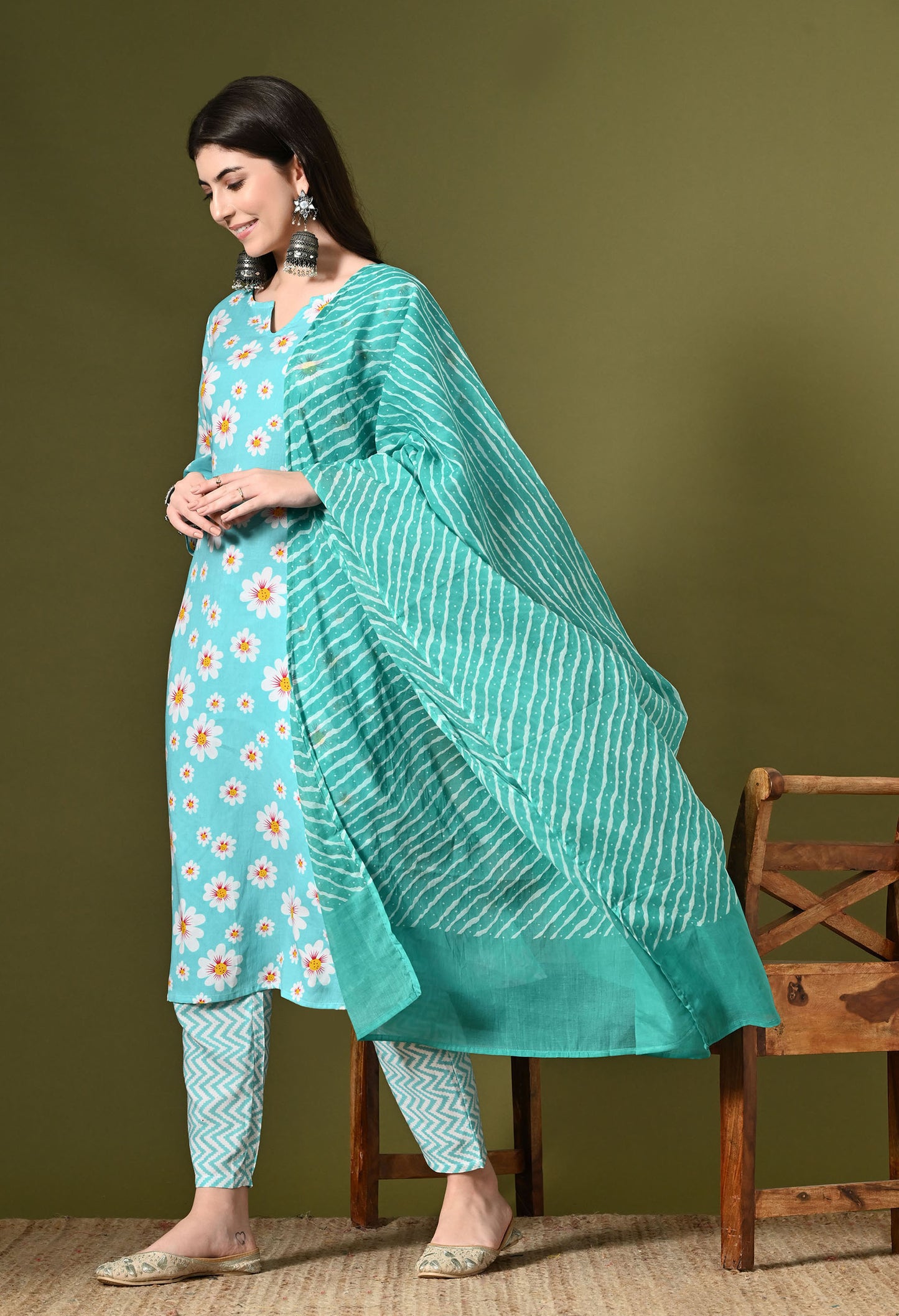 Sea Green Floral Print Kurta Set