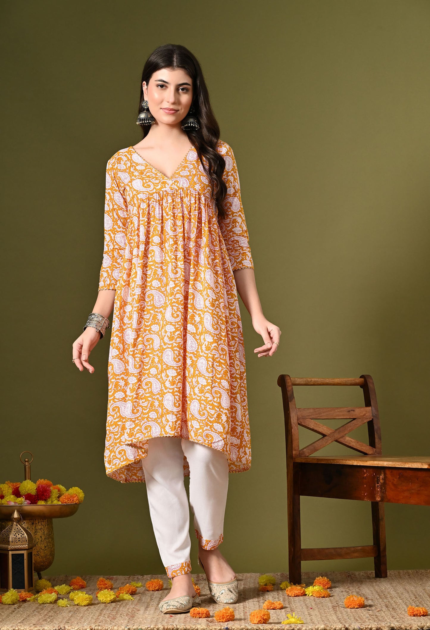 Yellow Kari Print Kurta Set With Dupatta