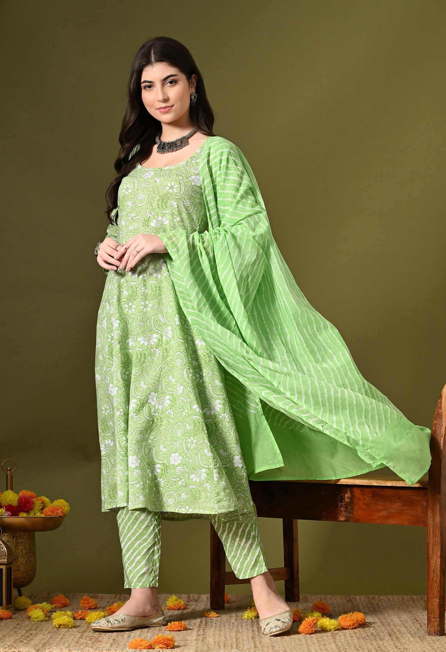 Pista Green Print Kurta Set With Dupatta