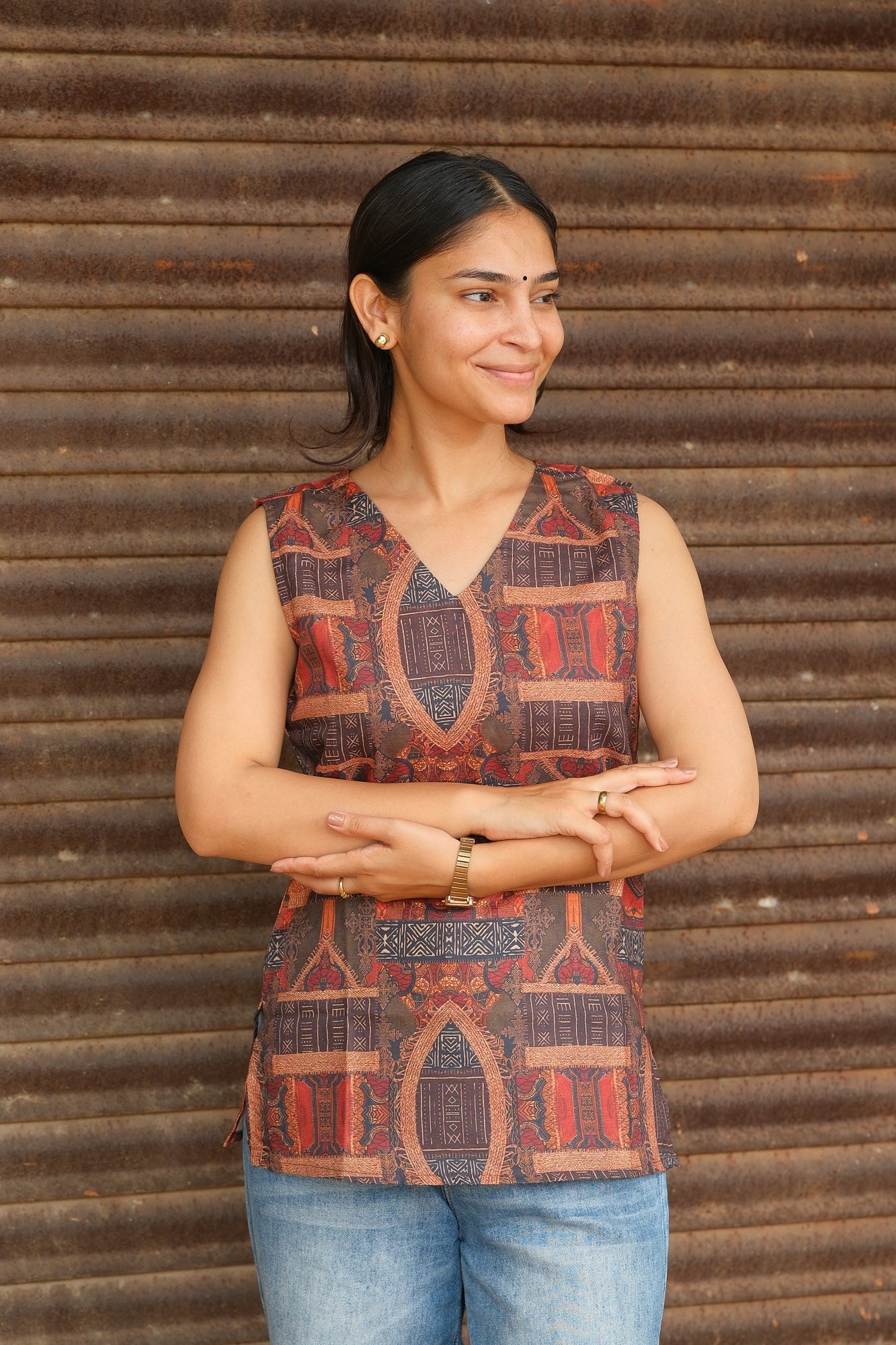 Digital Ethnic Printed Cotton Sleeveless Top (Rust Brown)