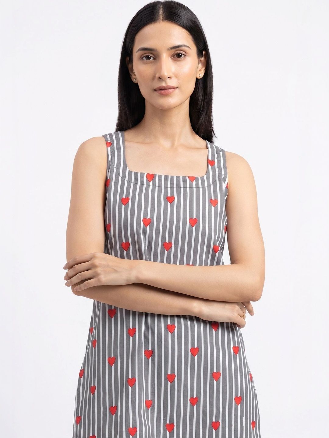Heart Printed Striped Open Back Sleeveless Kurti (Grey)