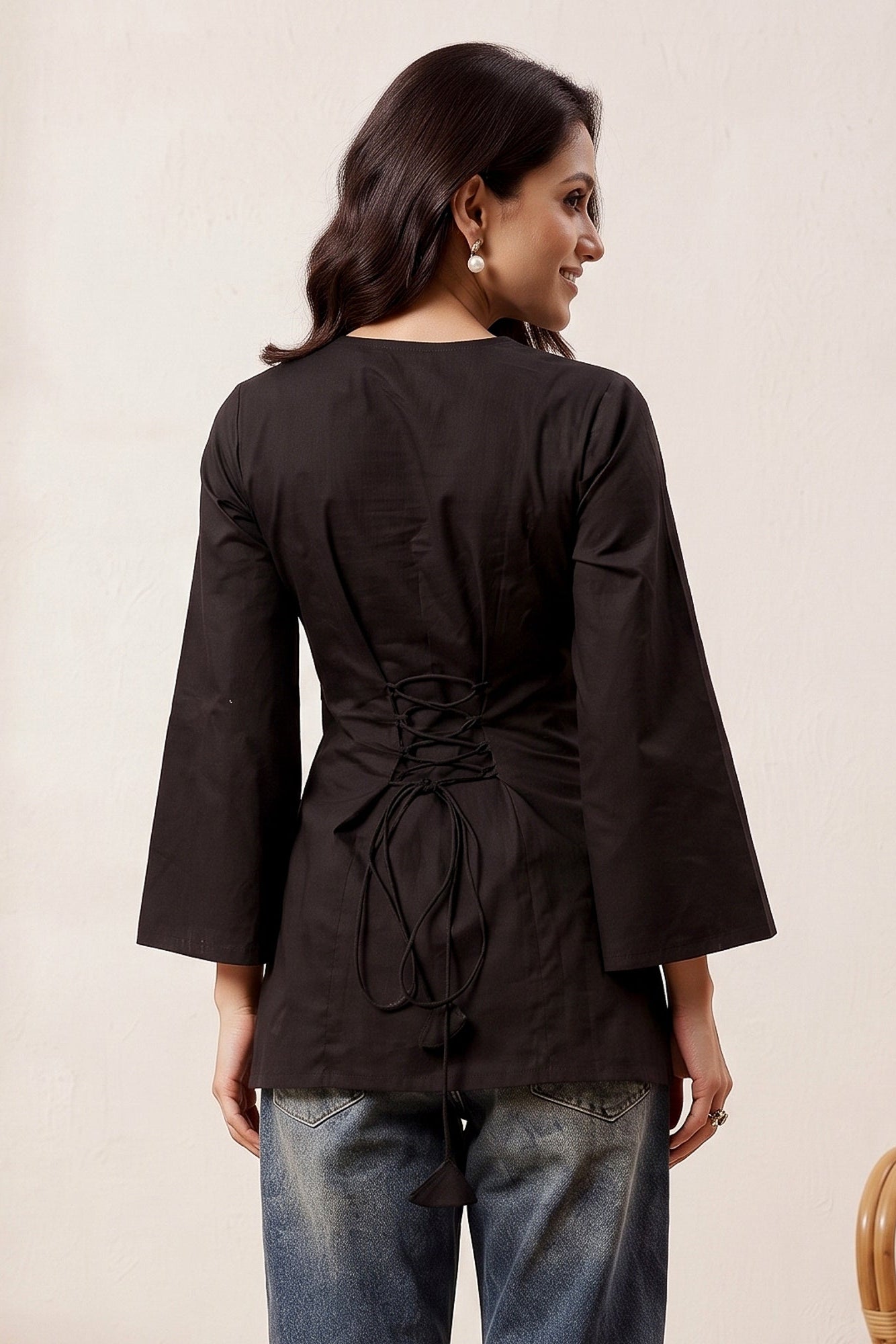 Solid Corset Back Cotton Kurti (Black)