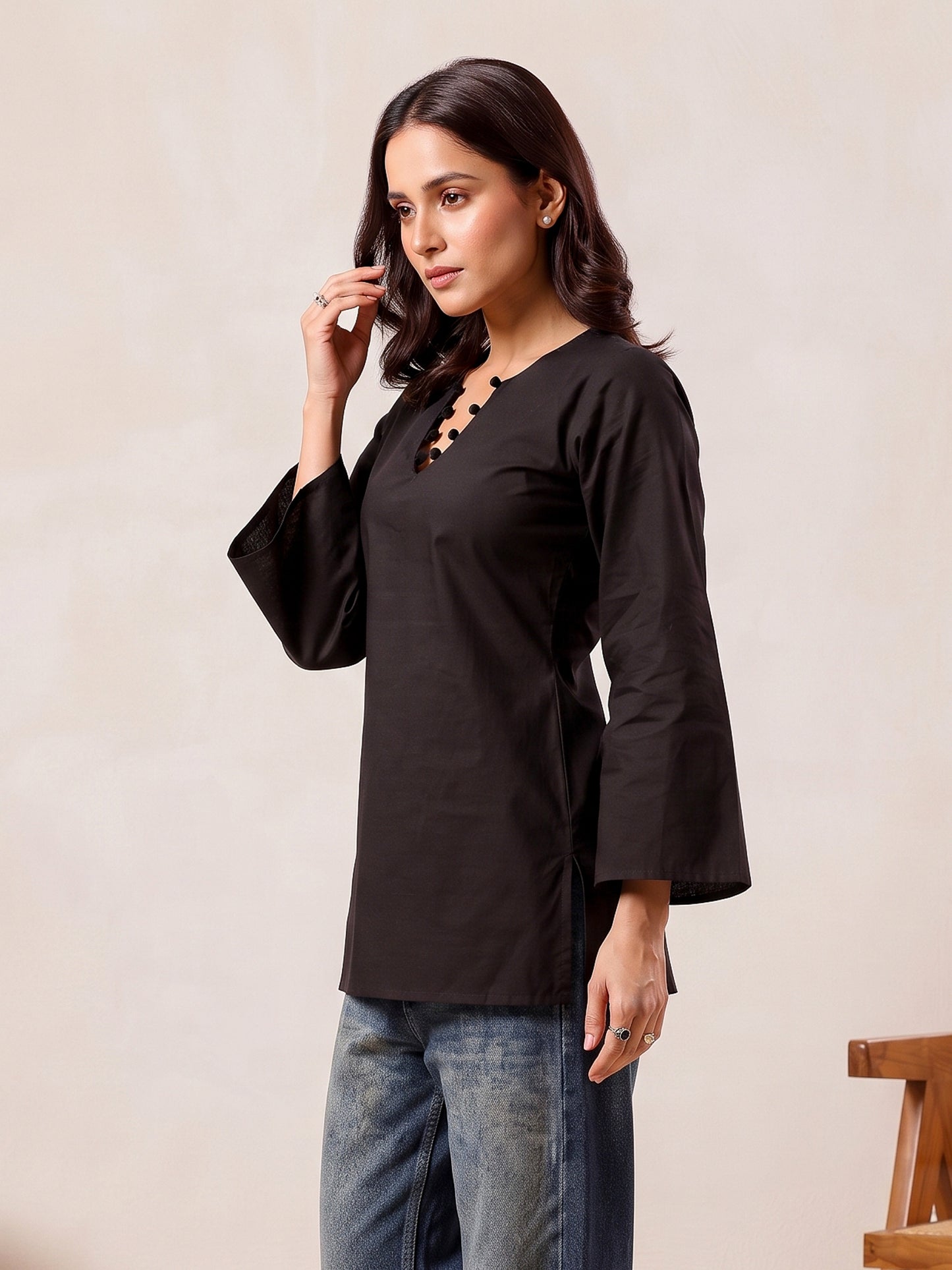 Solid Corset Back Cotton Kurti (Black)