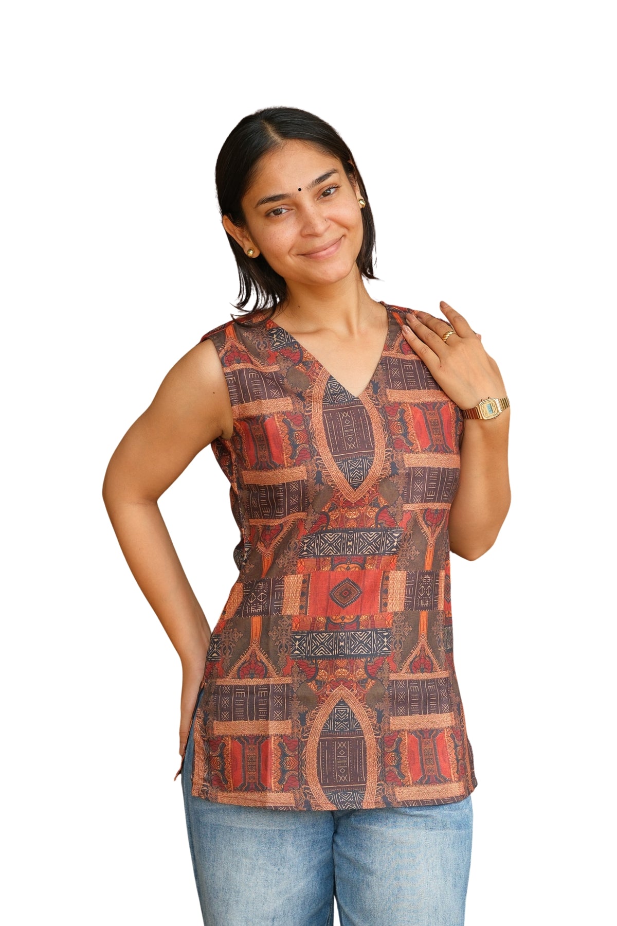 Digital Ethnic Printed Cotton Sleeveless Top (Rust Brown)