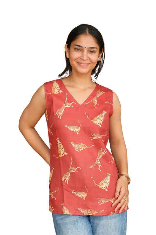 Cheetah Printed Cotton Sleeveless Top (Brick Red)