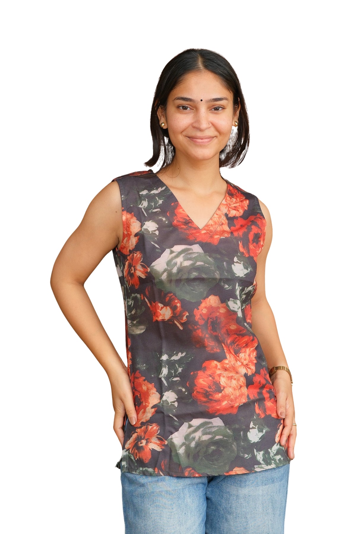 Floral Printed Cotton Sleeveless Top (Charcoal Grey)