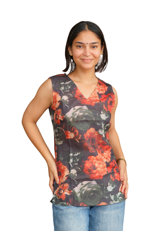 Floral Printed Cotton Sleeveless Top (Charcoal Grey)