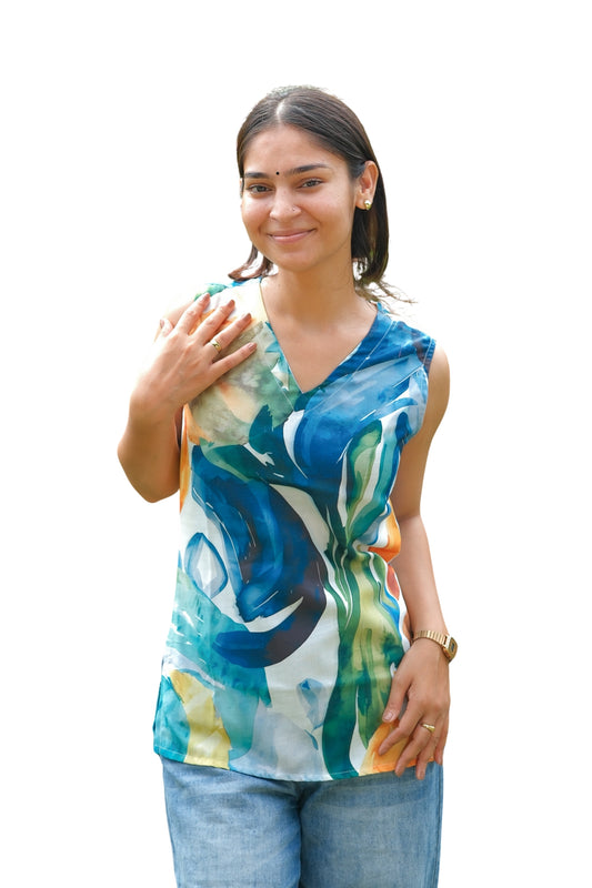 Abstract Printed Cotton Sleeveless Top (Blue & Green)