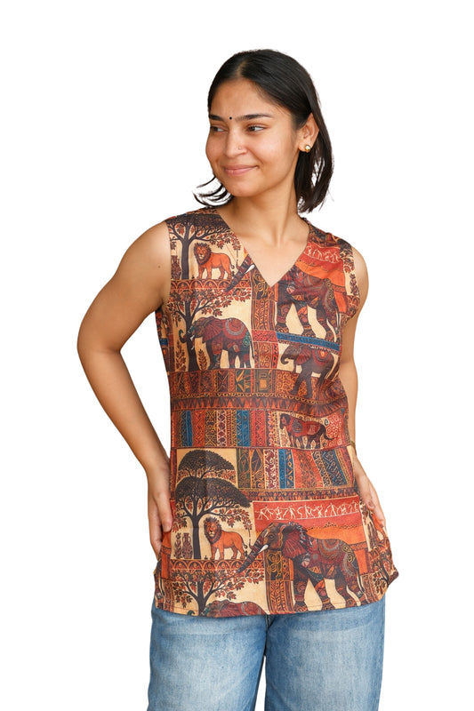 African Safari Printed Cotton Sleeveless Top (Rust Brown)