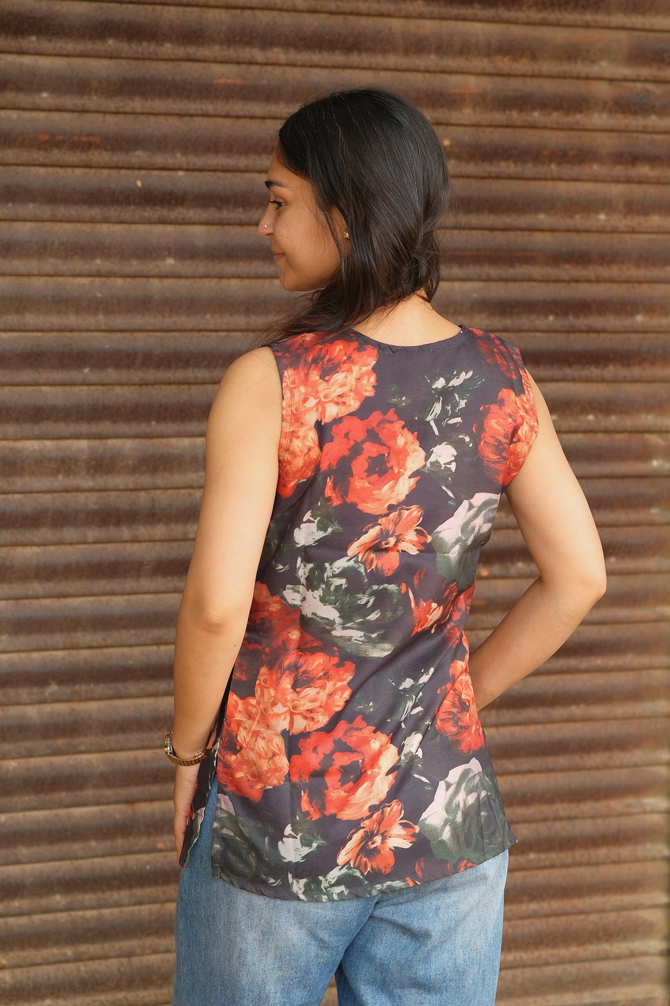 Floral Printed Cotton Sleeveless Top (Charcoal Grey)