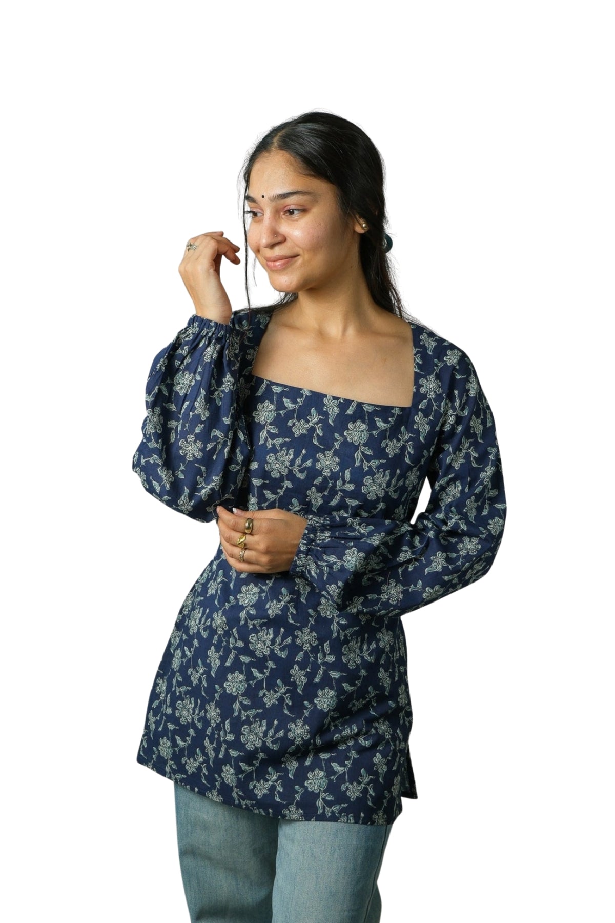 Zoya – Open Back Floral Kurti (Navy)