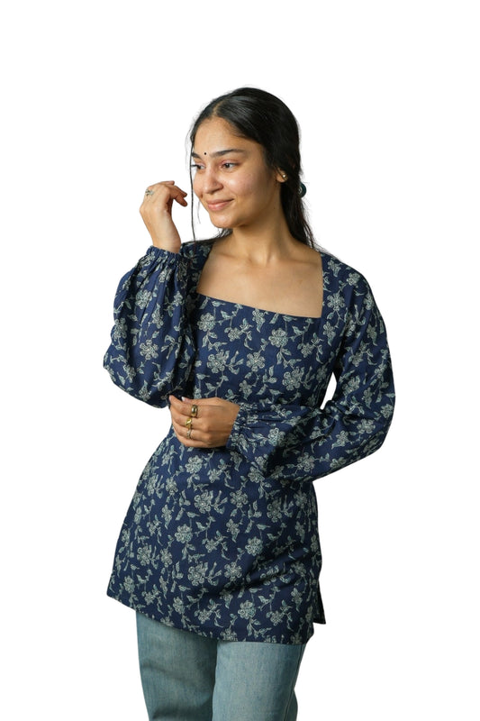 Zoya – Open Back Floral Kurti (Navy)