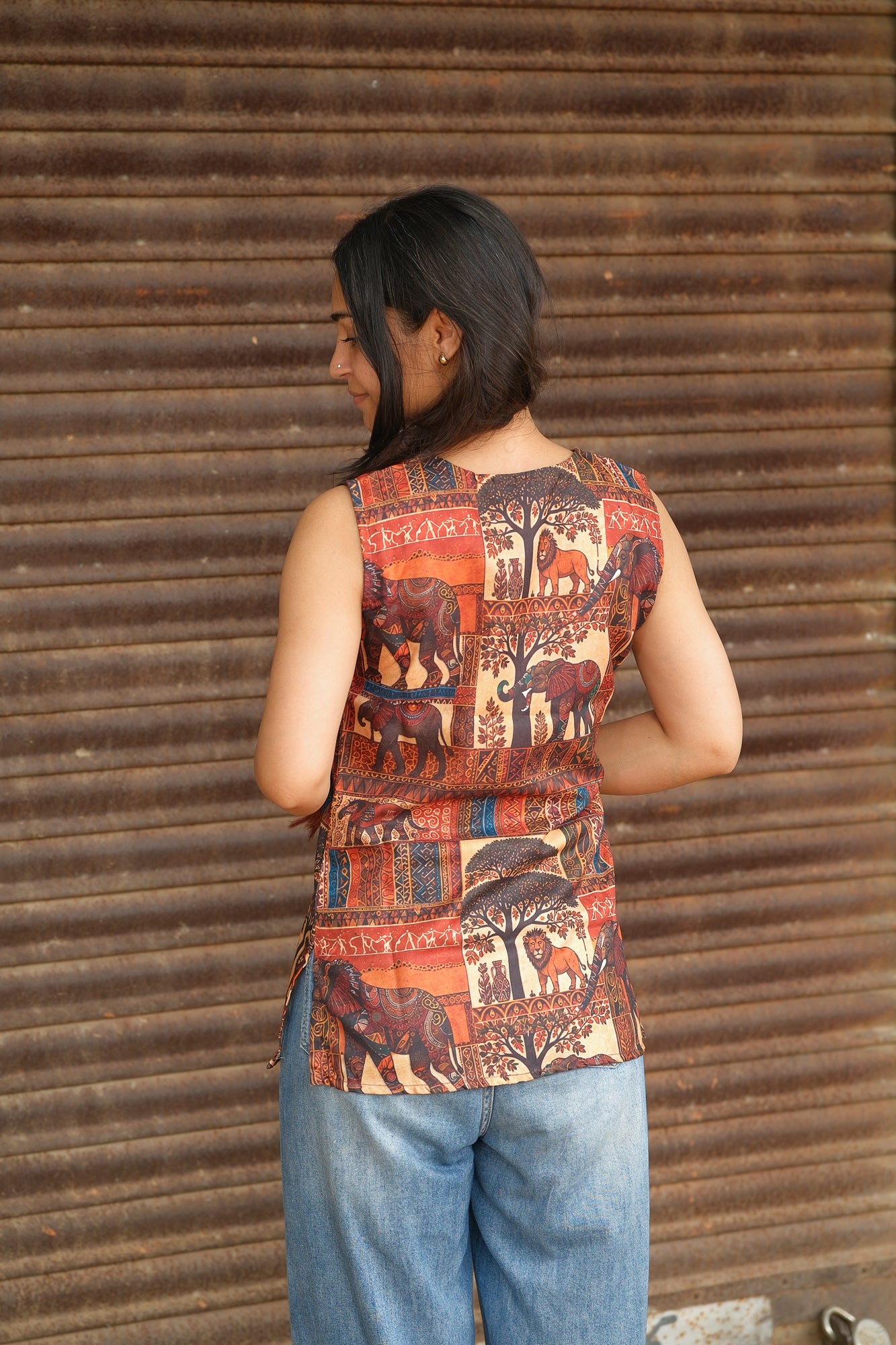 African Safari Printed Cotton Sleeveless Top (Rust Brown)